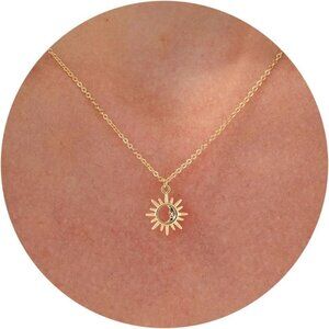 Dainty 14K Gold Plated Sun and Moon Necklace with Adjustable Chain for Women
